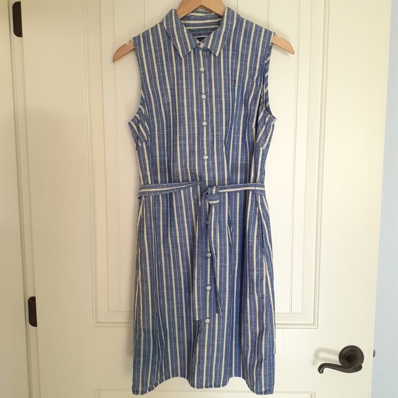 Tommy Hilfiger Button Front Cotton Sleeveless Shirt Dress Self Belt Blue Size 8 - Picture 1 of 9